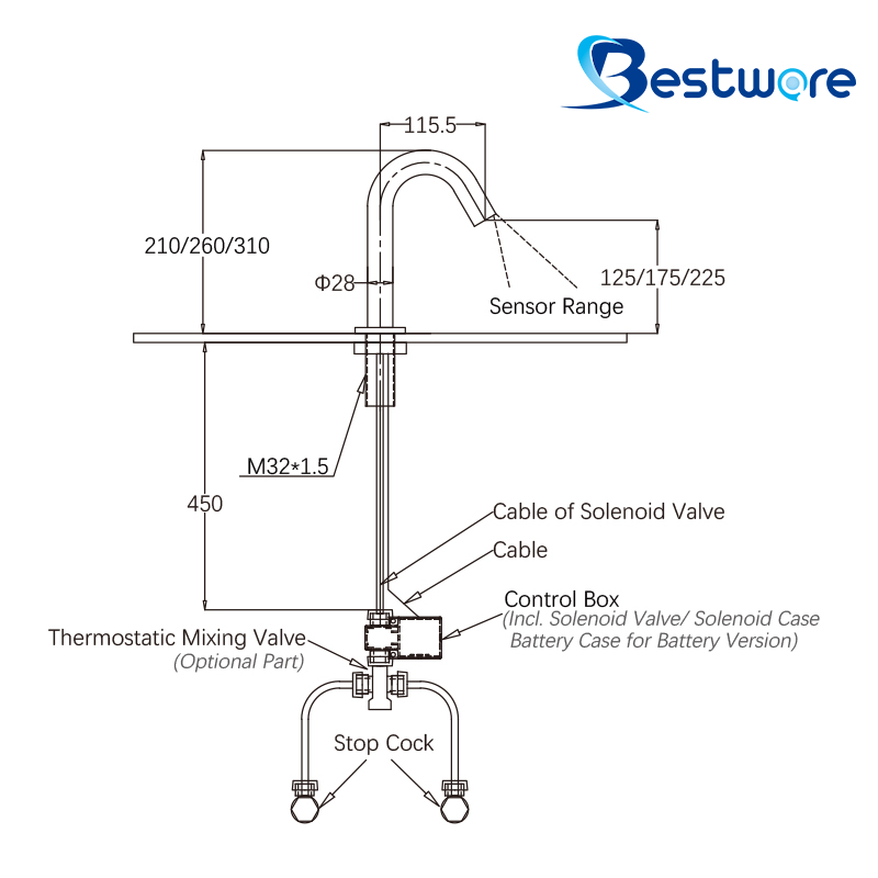 Stainless Touch Free Faucet operated by IR Sensor - 260mmH